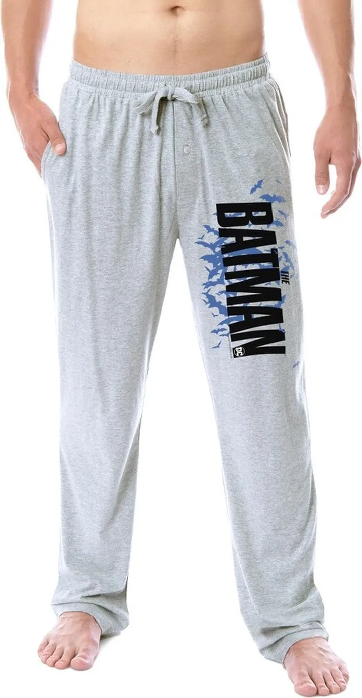 DC Mens' The Batman Movie Gotham Bat Background Logo Sleep Pajama Pants (L) Grey