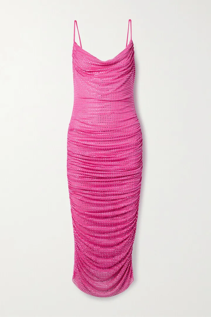 Self-Portrait - Ruched Crystal-embellished Mesh Midi Dress - Pink