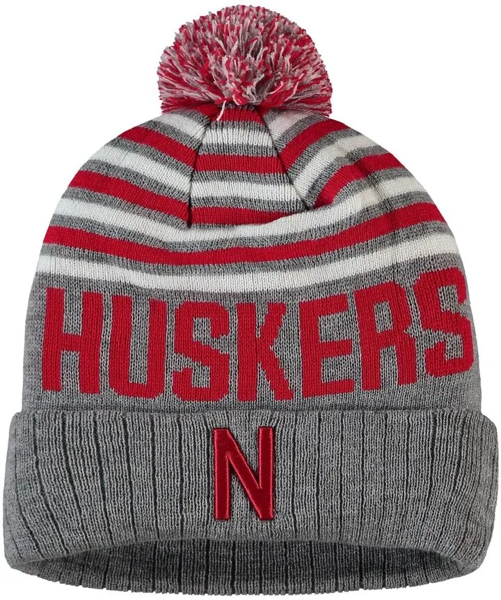 Men's Heathered Gray and Scarlet Nebraska Huskers Ensuing Cuffed Knit Hat with Pom