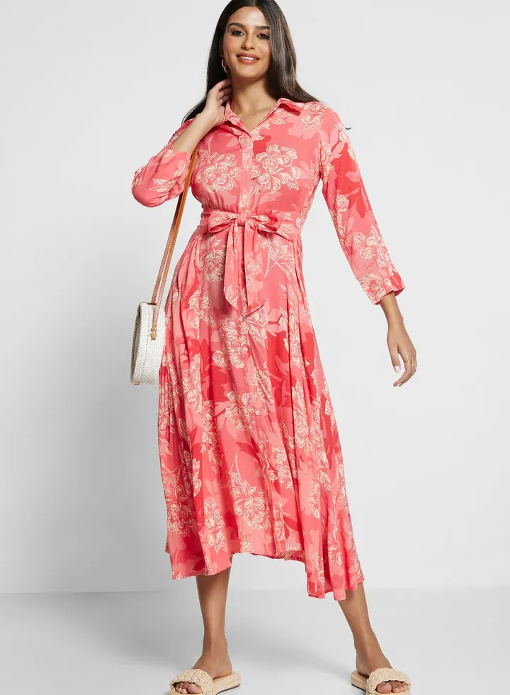 Button Detail Belted Floral Dress
