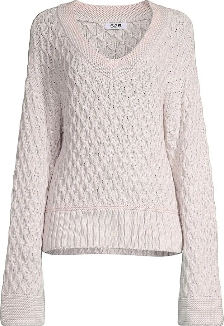 Cotton Mixed-Stitch V-Neck Sweater