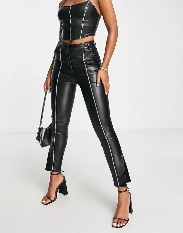 Miss Selfridge diamonte trim faux leather skinny pants in black