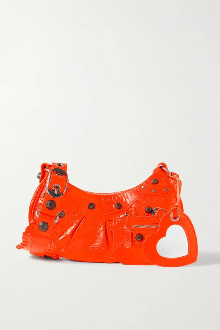 Balenciaga - Le Cagole Xs Studded Neon Crinkled-leather Shoulder Bag - Orange