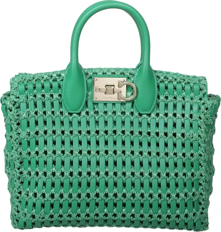 Salvatore Studio Box Handbag In Leather And Raffia