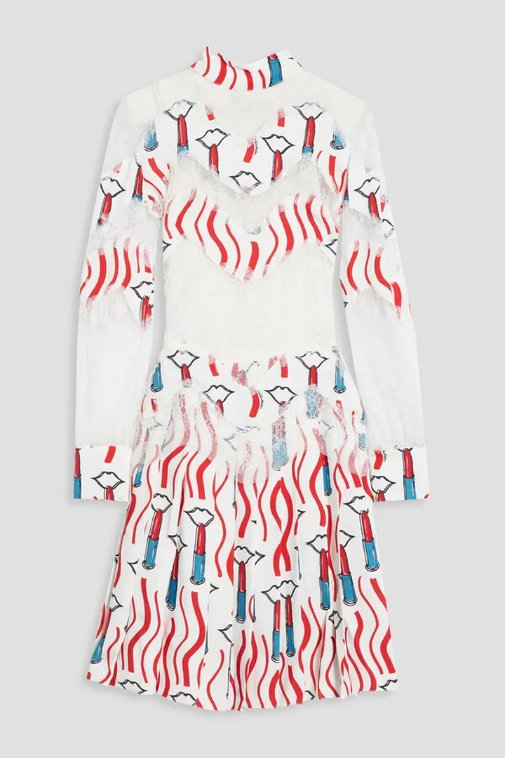 Pleated printed chantilly lace-paneled crepe dress