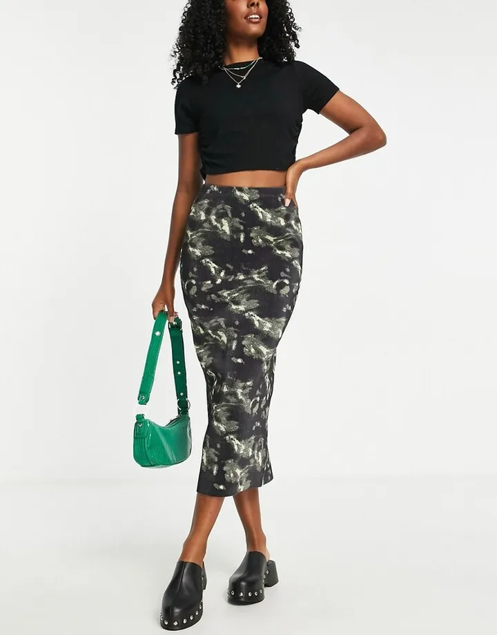 Topshop tie dye plisse jersey midi skirt in neutral