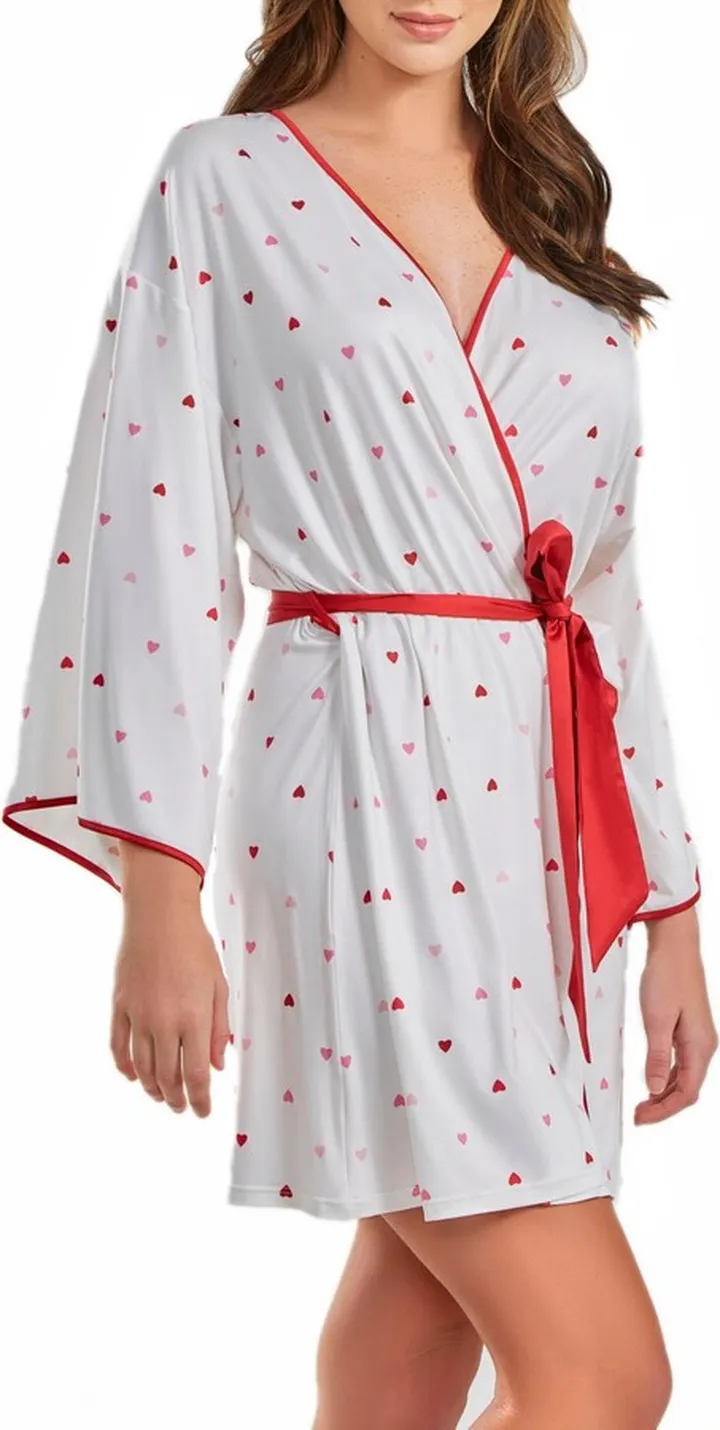 iCollection Women's Kyley Heart Print Robe with Contrast Self Tie Sash and Red Trim