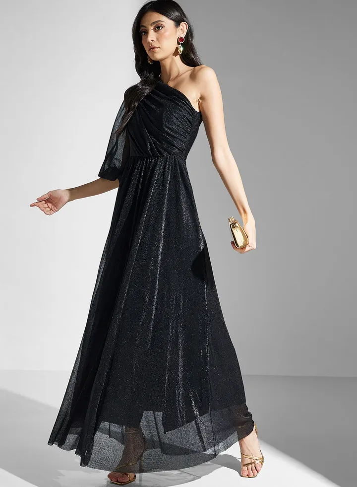 One Shoulder Ruched Shimmer Dress