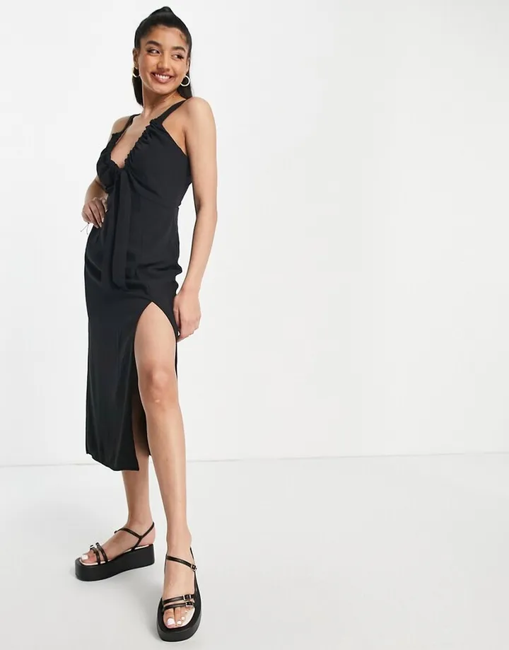 Abercrombie & Fitch cinch neck slip midi dress in black