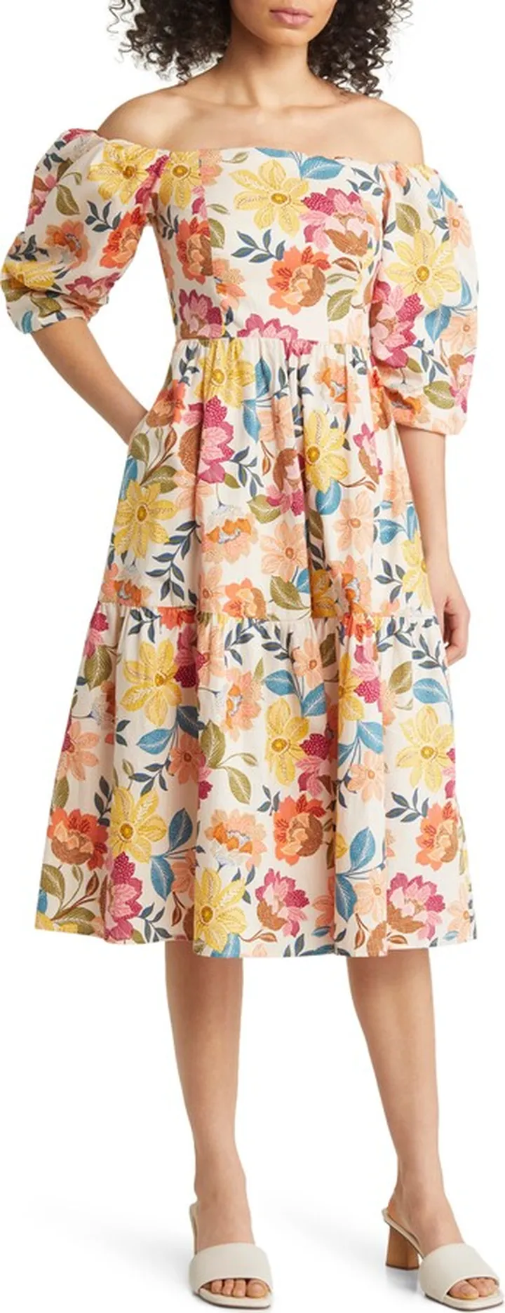 Floral Off the Shoulder Stretch Cotton Midi Dress