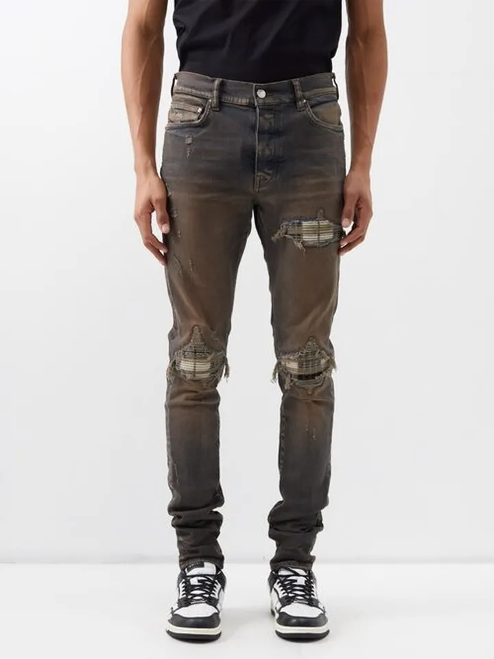 Mx1 Plaid-panel Distressed Slim-leg Jeans
