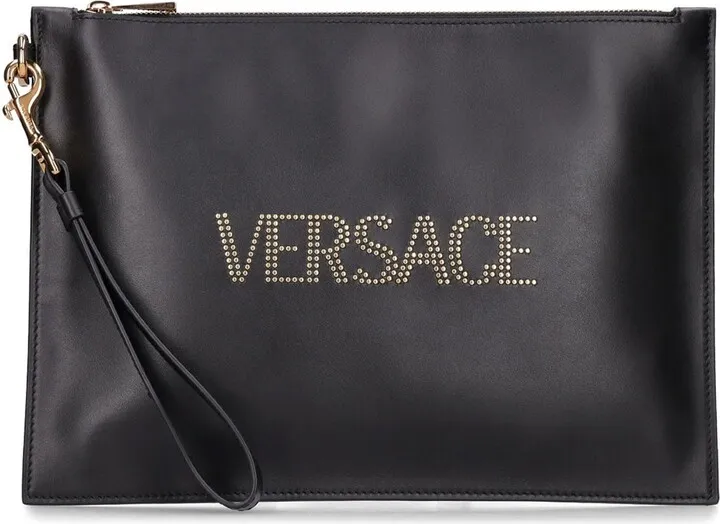 Studded logo leather flat pouch