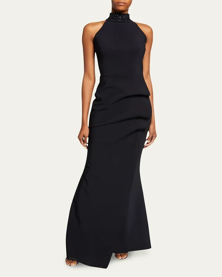 Slavinka Beaded-Neck Halter Gown