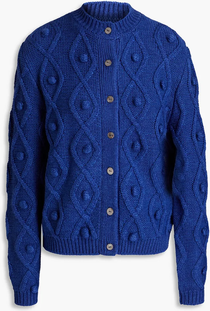 Elmo pompom-embellished cable-knit merino wool-blend cardigan