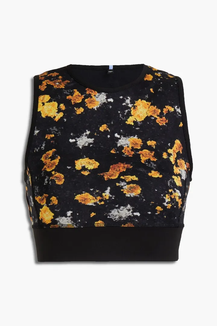 Cropped cutout printed cotton-blend jersey top