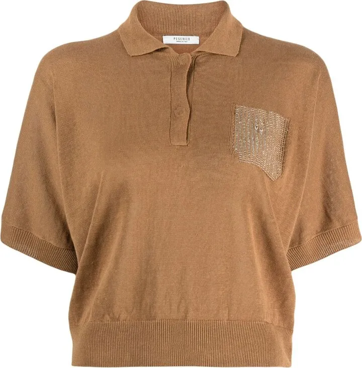 Metallic Detail Fine-Knit Polo Top