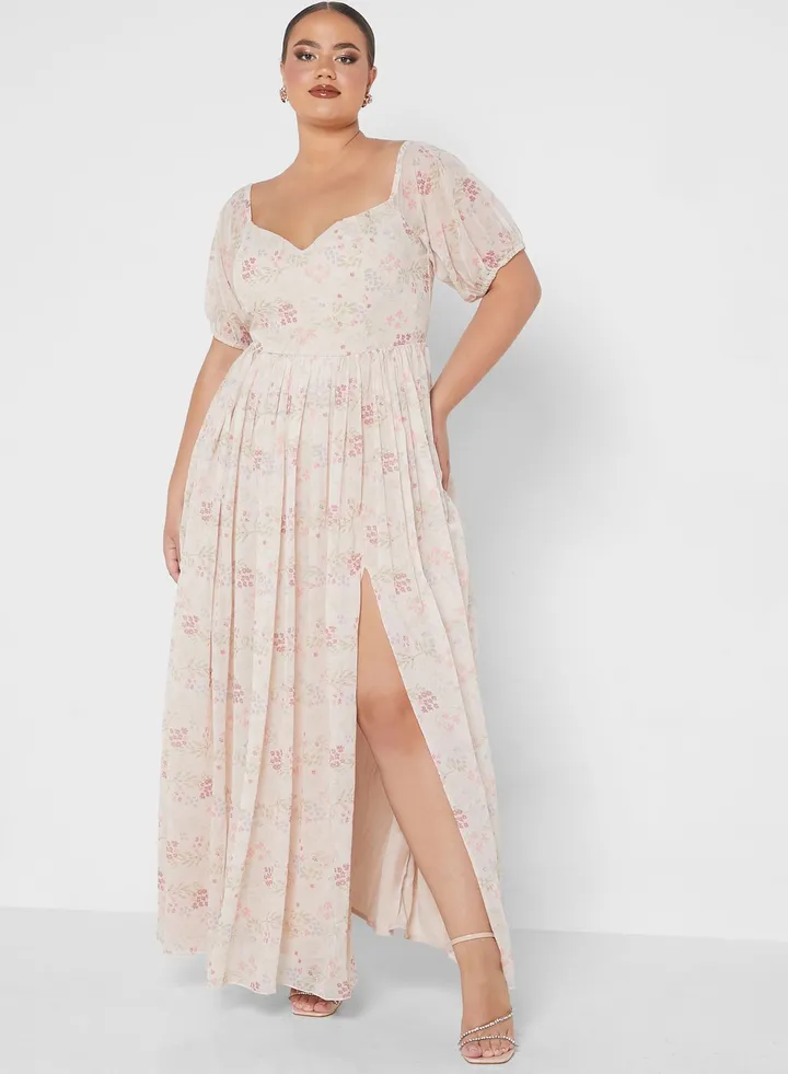 Side Slit Puff Sleeve Dress