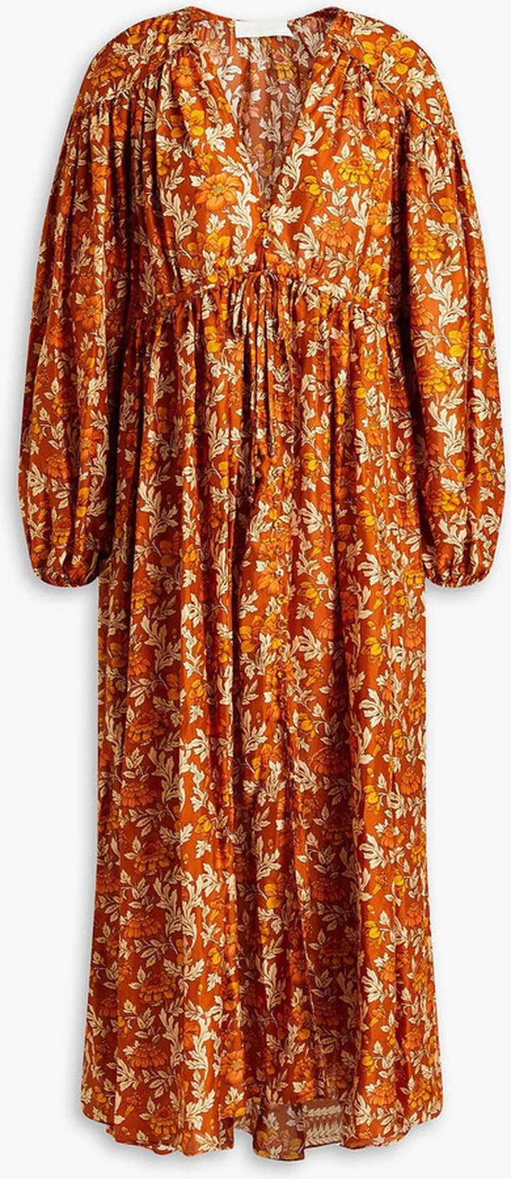 Gathered floral-print silk midi dress