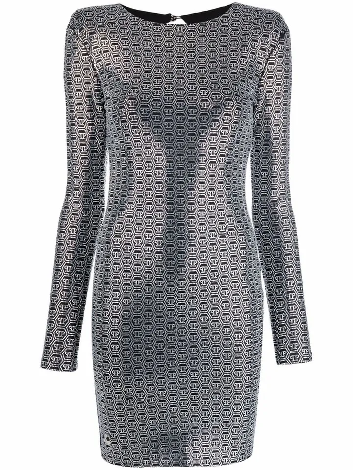 Crystal-embellished long-sleeve mini dress