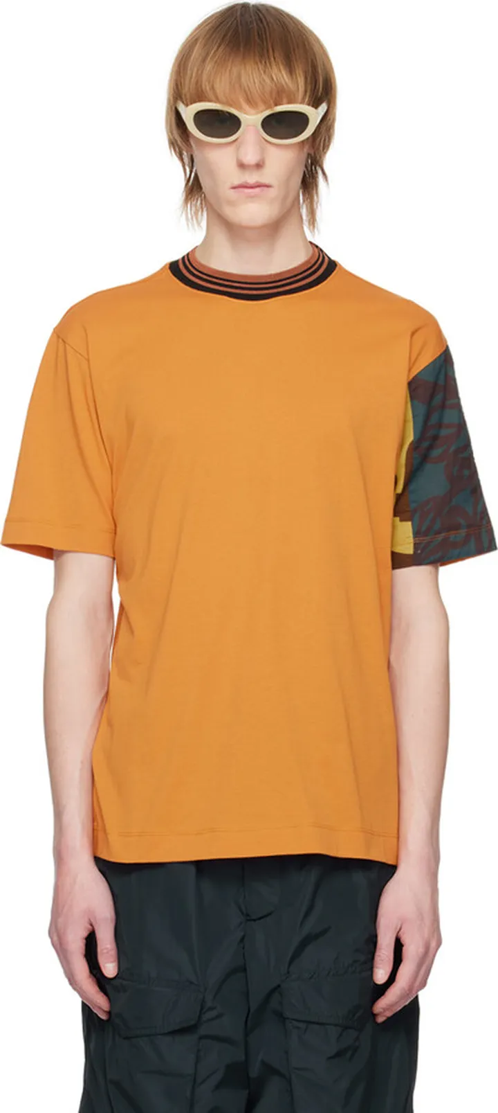 Dries Van Noten Orange Patchwork Sleeve T-Shirt