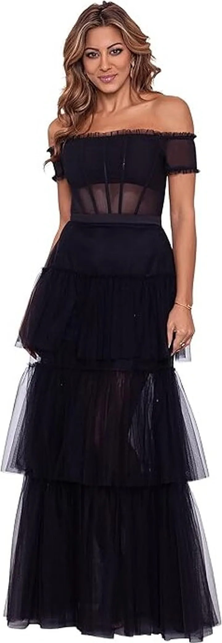 Betsy & Adam Over-the-Shoulder Tiered Mesh Gown (Black) Women's Dress