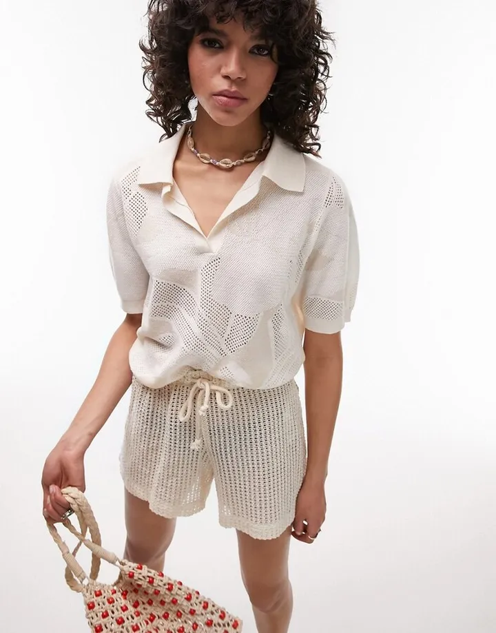 Topshop knitted palm print polo shirt in sage