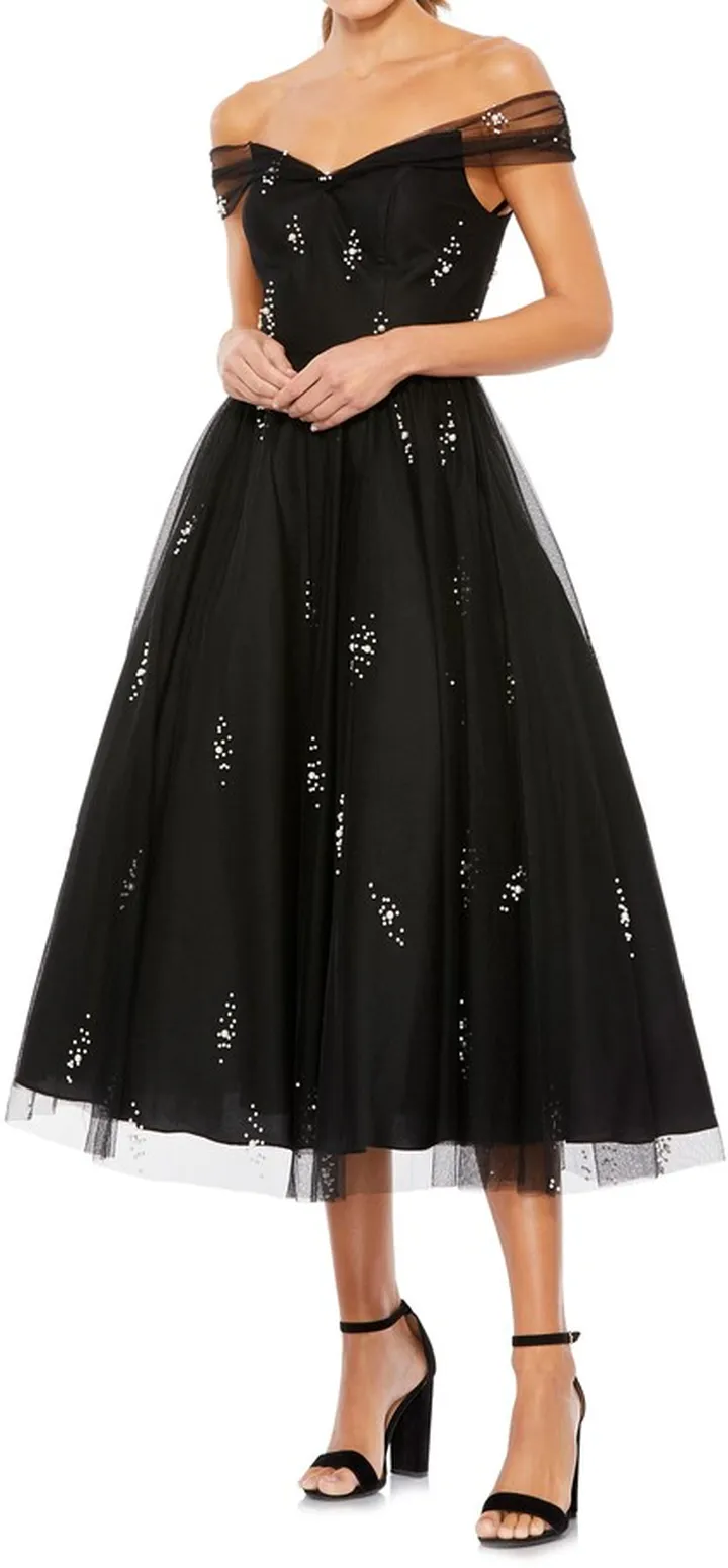Off the Shoulder Beaded Chiffon Midi Dress
