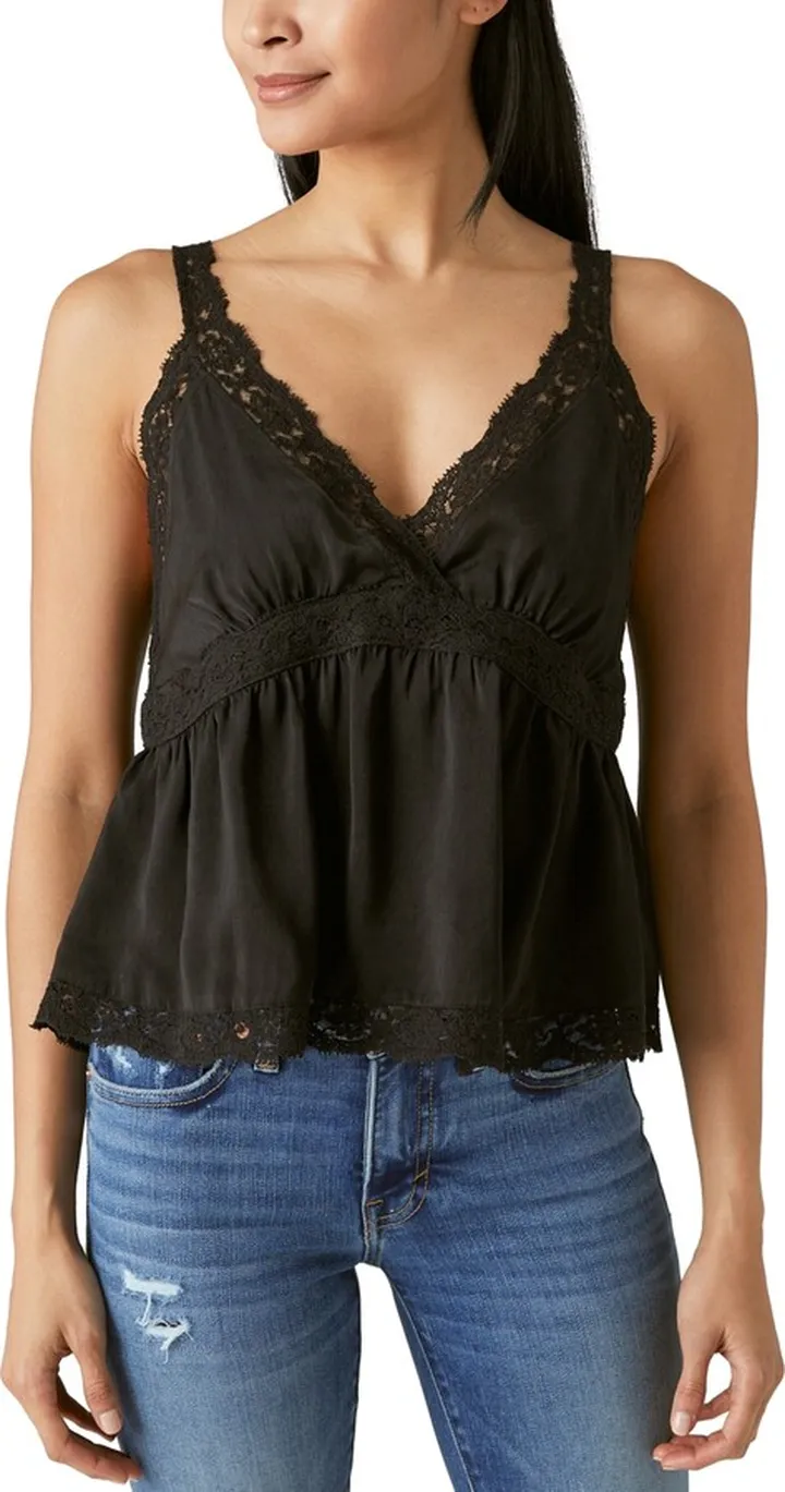 Lucky Brand Women's Lace-Trimmed Sateen Babydoll Camisole Top