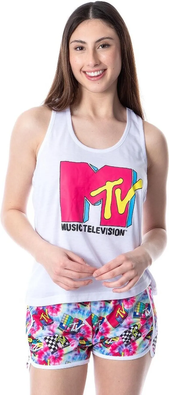 MTV Womens' Music Television Logo Sleep Pajama Set Short Tank Top (Small) Multicoloured