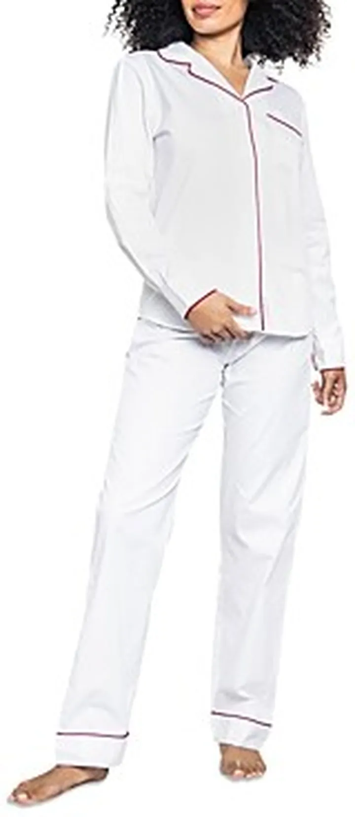 Petite Plume Cotton Classic White Twill Pajama Set With Red Piping