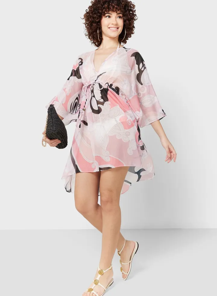 V-Neck Printed Beachwear Dress