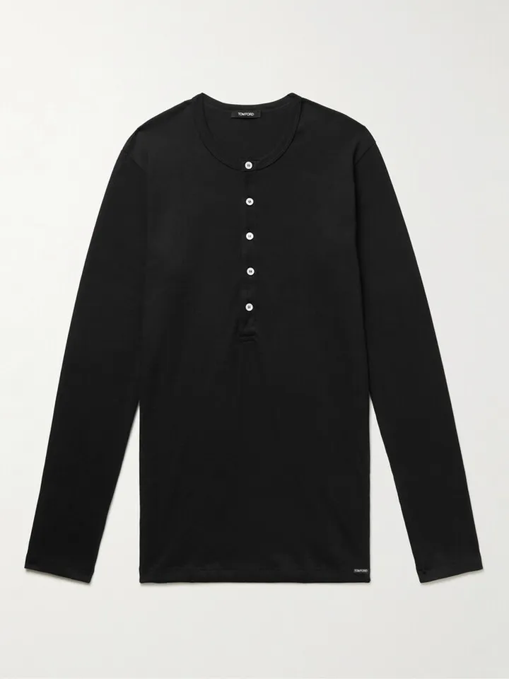 Stretch-Cotton Jersey Henley Pyjama T-Shirt
