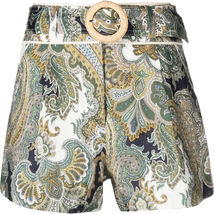 Paisley-Print Belted Waist Shorts