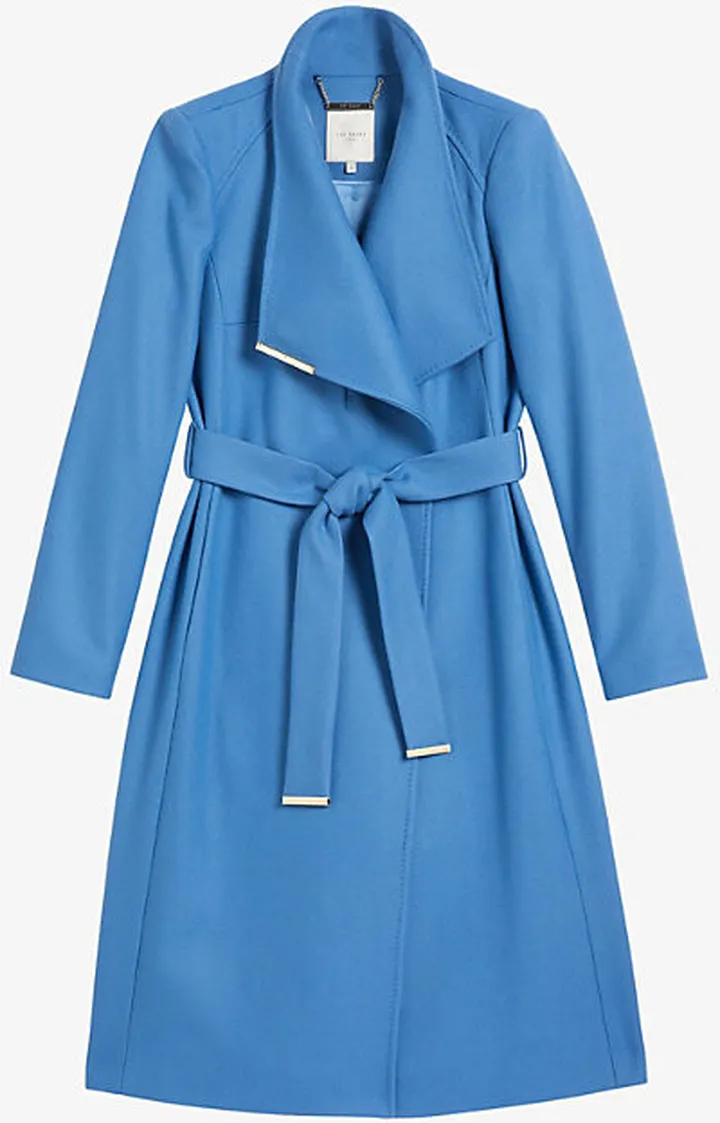 Womens Mid-blue Wool-blend Midi-length Wrap Coat