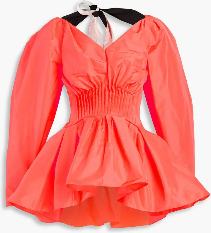 Pleated neon taffeta peplum blouse