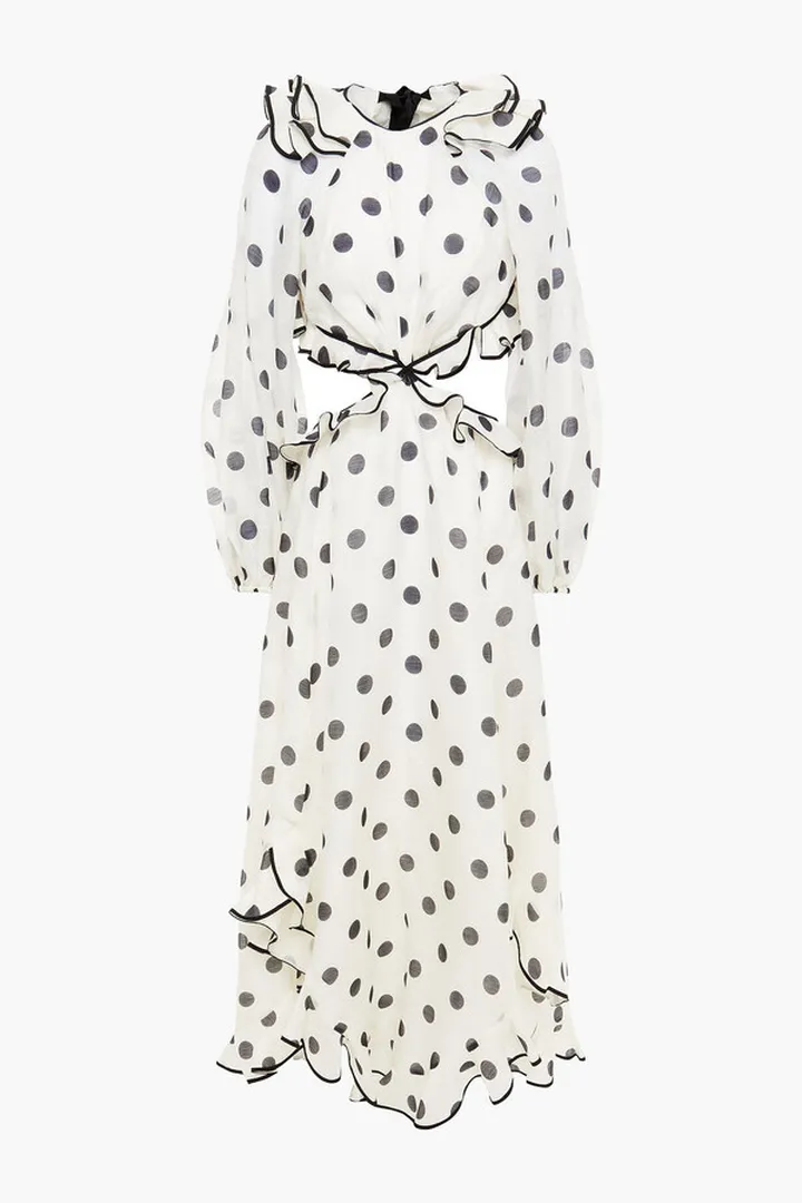 Ruffled polka-dot linen and silk-blend midi dress