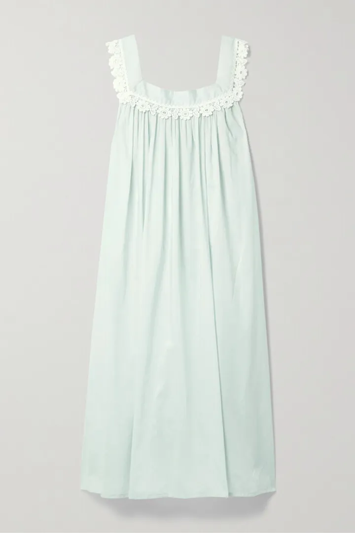Pour Les Femmes - Crocheted Lace-trimmed Gathered Cotton-voile Nightdress - Green