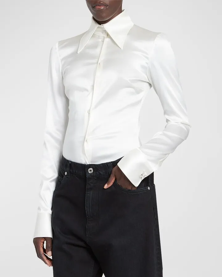 Collared Long-Sleeve Silk Blouse