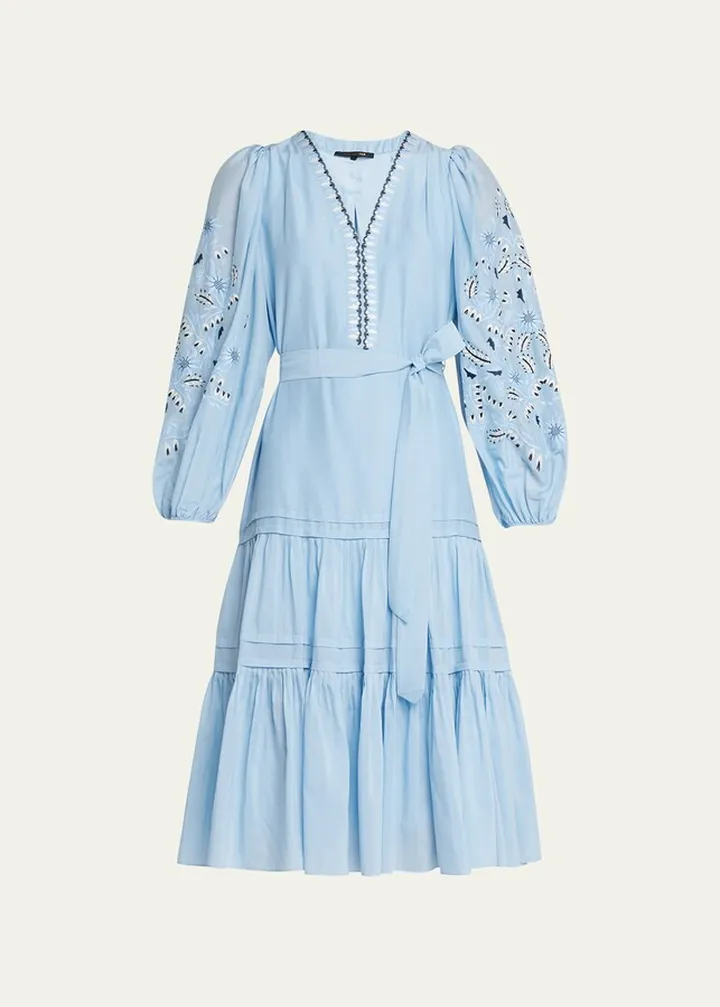 Kassandra Embroidered Puff-Sleeve Midi Dress
