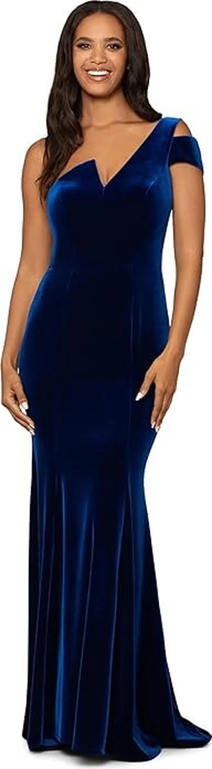 Betsy & Adam Long One Shoulder Velvet Gown (Navy) Women's Clothing