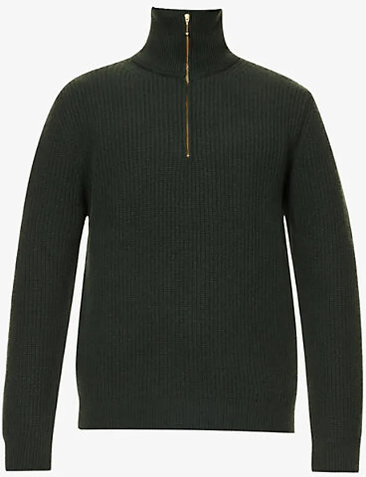 Mens Racing Green August Half-zip Funnel-neck Wool-knit Jumper