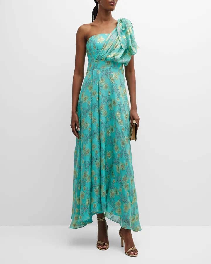 One-Shoulder Metallic Floral Chiffon Gown