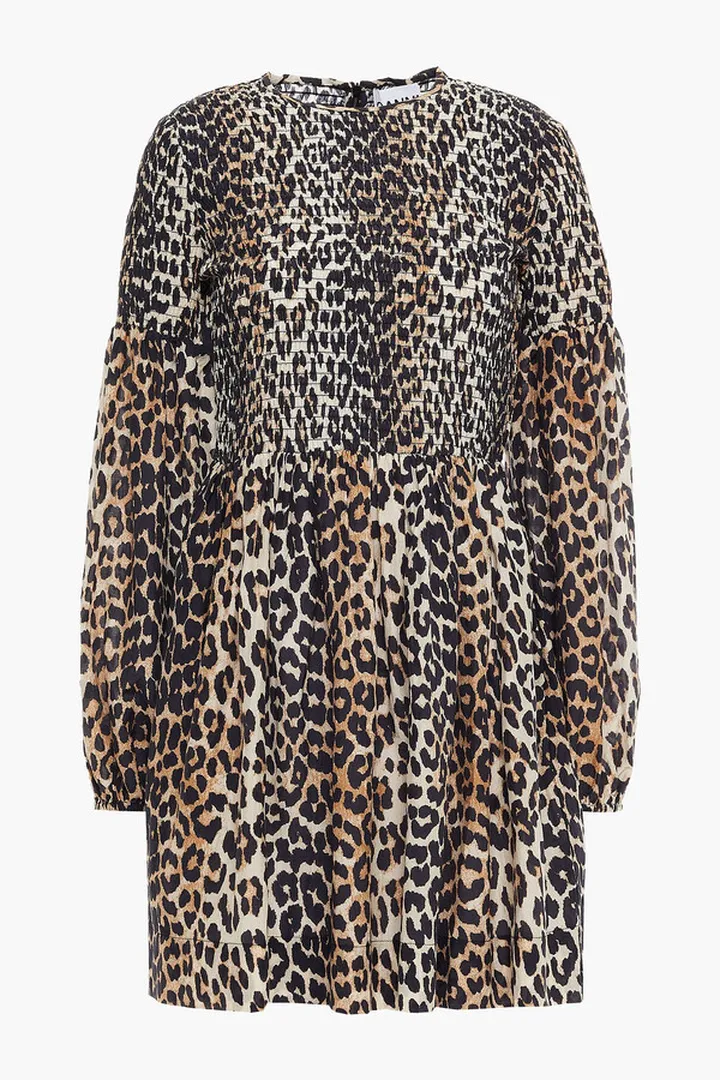 Shirred leopard-print cotton and silk-blend mini dress