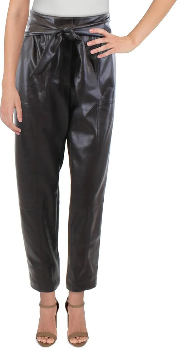 Tessa Womens Faux Leather Tie-Waist Ankle Pants