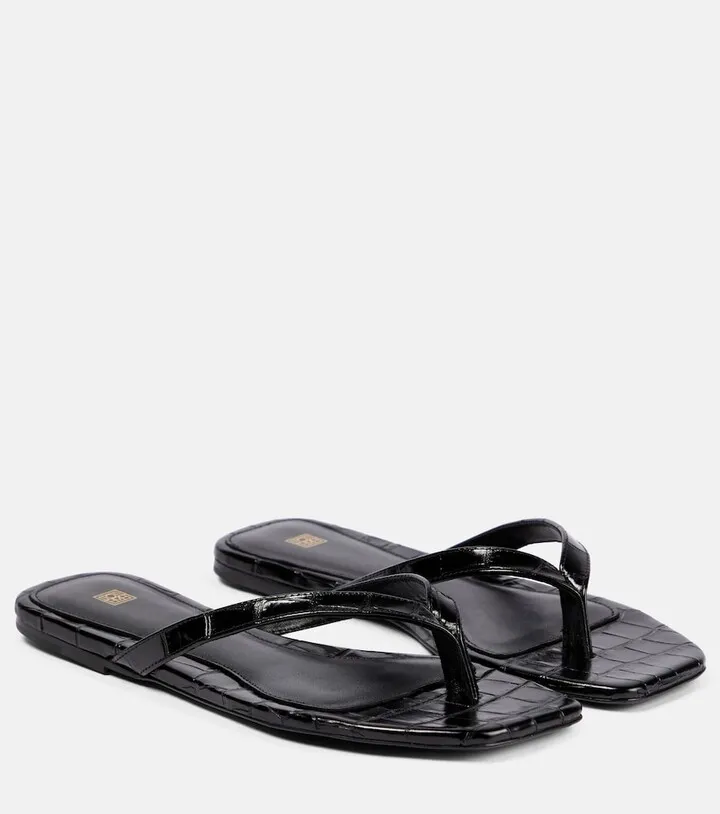 Croc-effect leather thong sandals