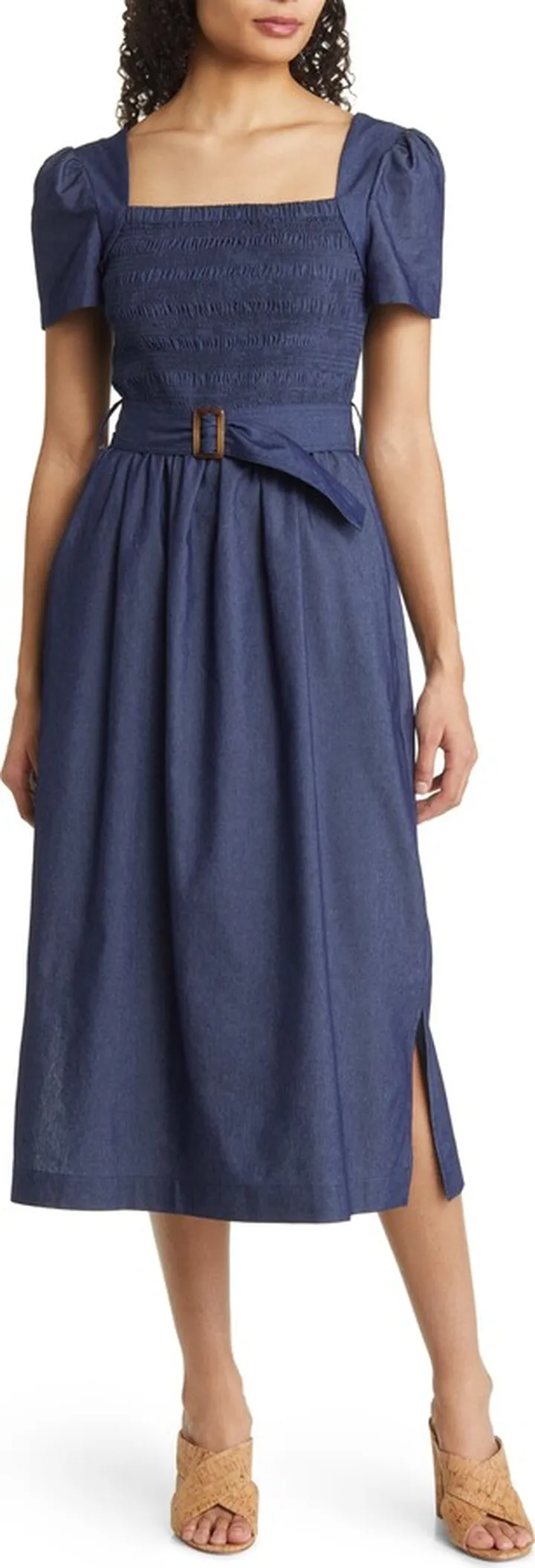 Smocked Bodice Denim Midi Dress