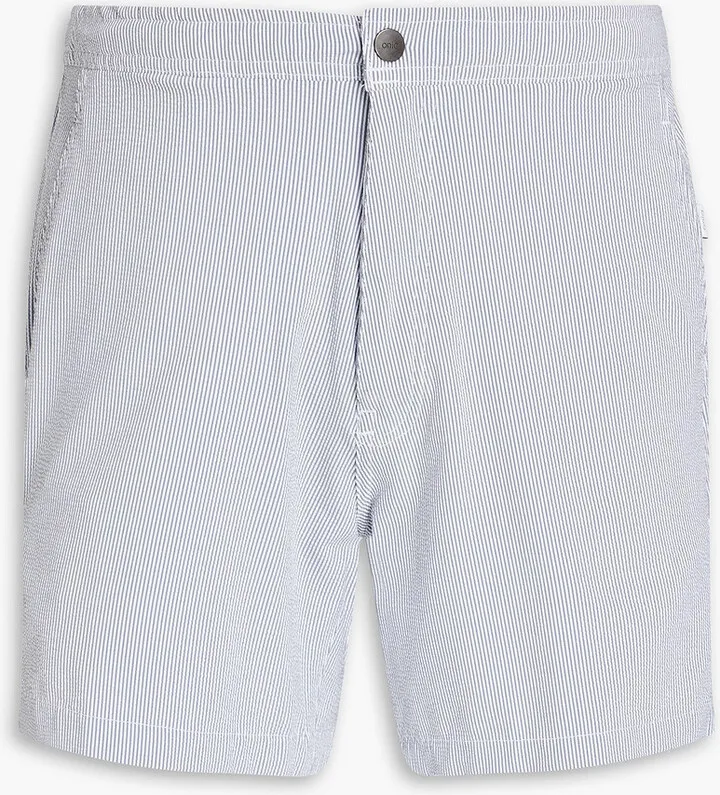 Mid-length striped stretch-seersucker swim shorts