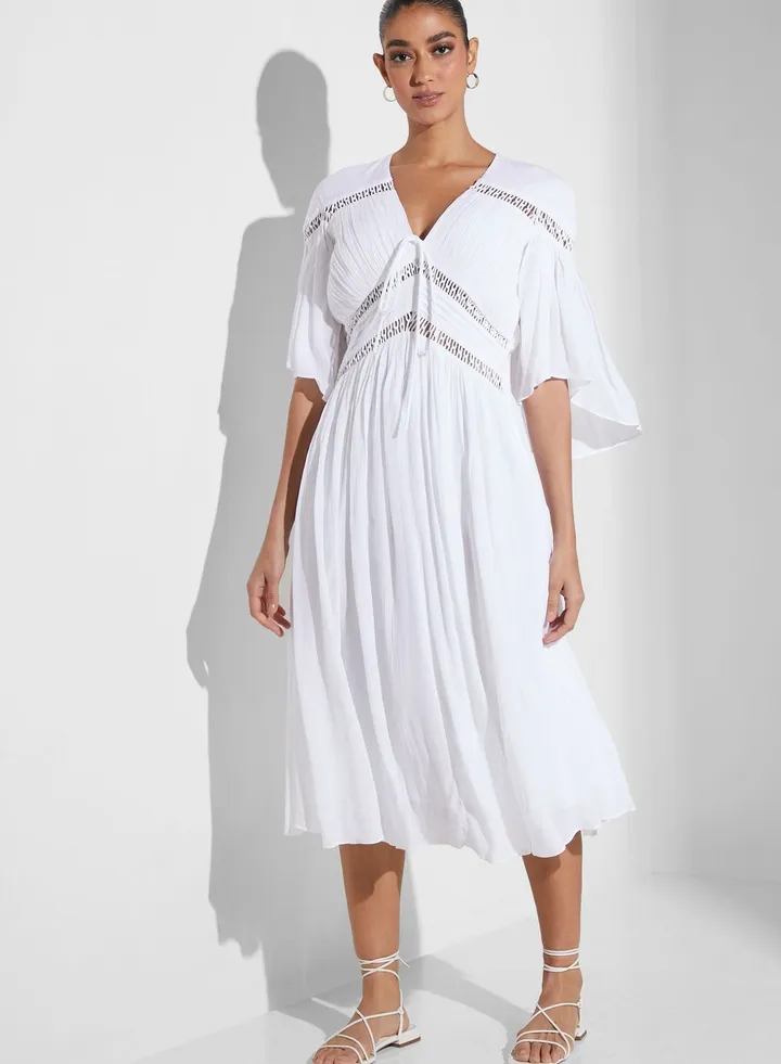 Angle Sleeve Lace Trim Dress