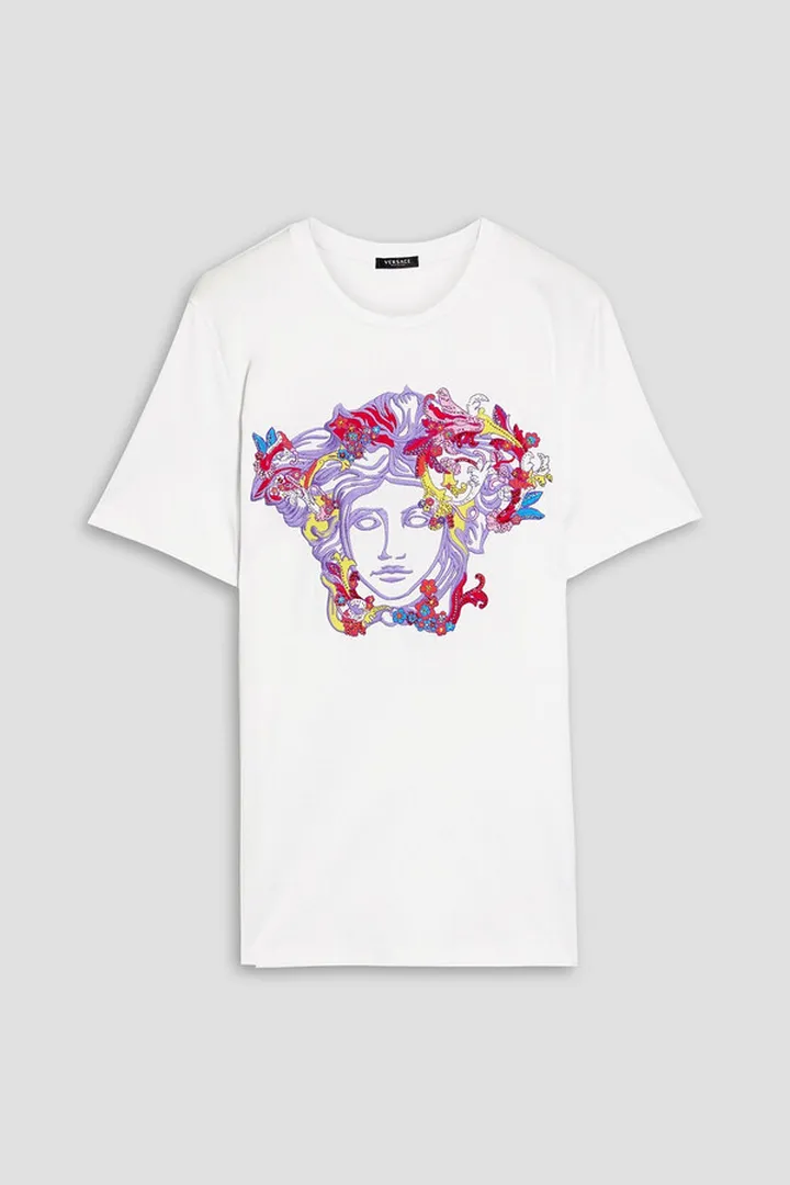 Crystal-embellished embroidered cotton-jersey T-shirt