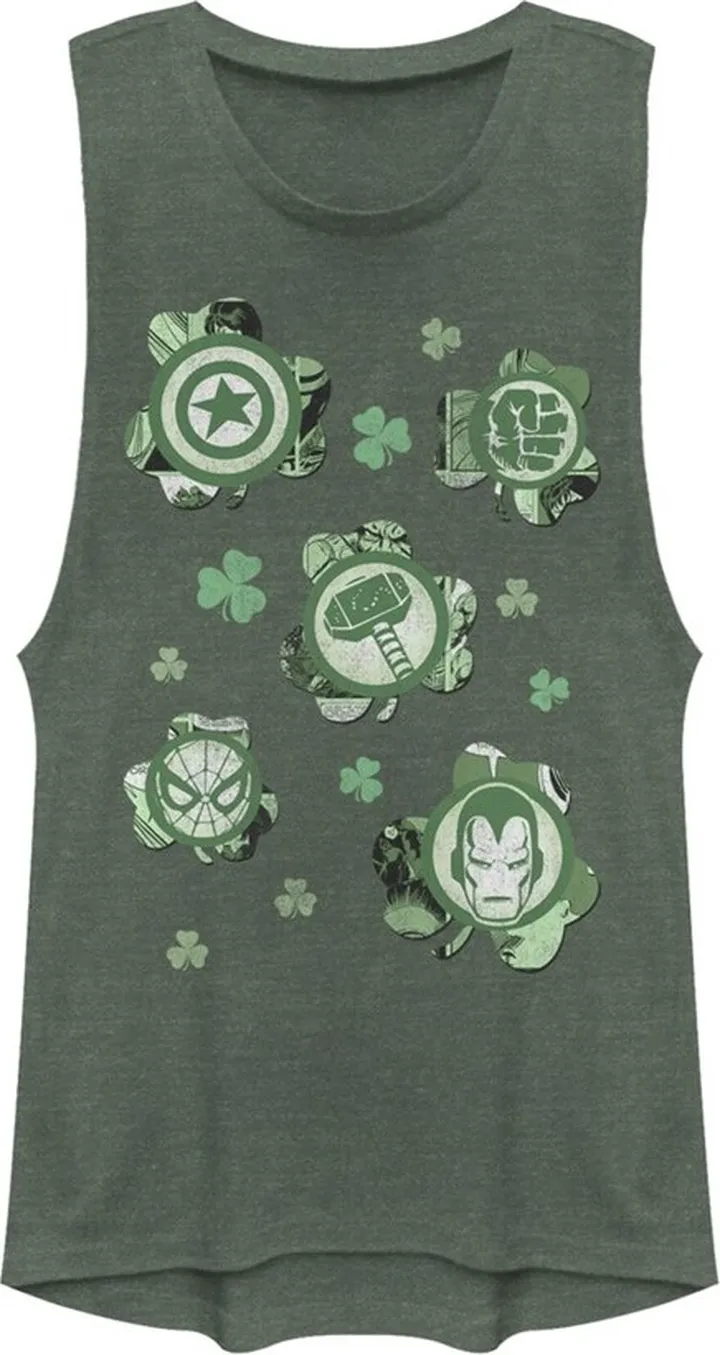 Junior's Marvel St. Patrick's Day Clover Icon Festival Muscle Tee - Pine Green Heather - Large